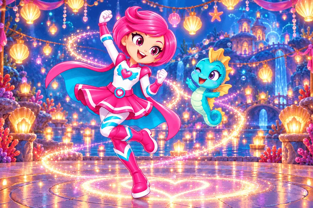 Gina dancing among magical sparks