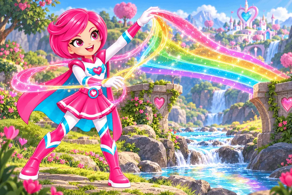 Gina beside a rainbow bridge
